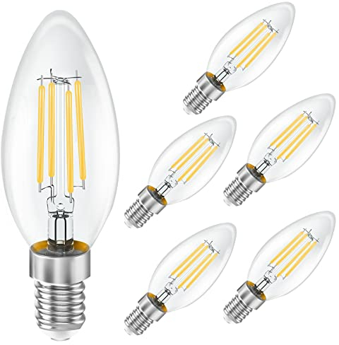 LEDYA E14 LED Warmweiss, LED Birne E14 4W Ersetzt 35W Halogenlampen, C35 Kerze E14 Filament Energiesparlampe für Kristallleuchter, Kronleuchter, 360°Abstrahlwinkel Glas, Nicht Dimmbar, 2700K 6 Stück