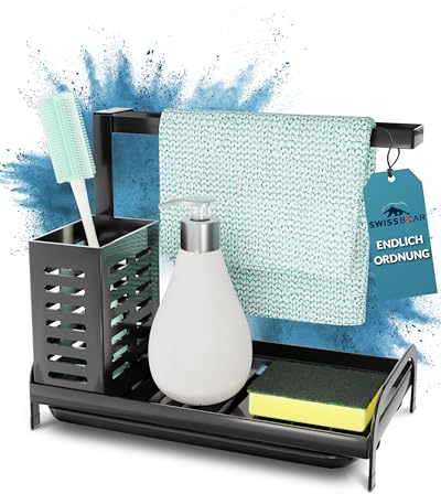 SWISSBEAR Spülbecken Organizer mit Abtropfschale – Küchen Organizer zur Aufbewahrung von Spülmittel & Bürste – Platzsparendes Halter-Set für Spülzubehör – Ordnung & Sauberkeit am Spülbecken