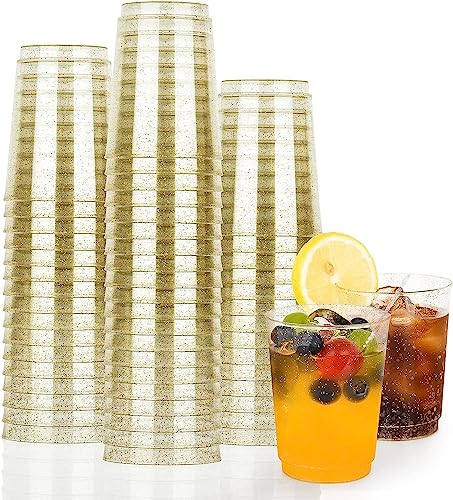 NUZEKY 50 Stück Partybecher Set - Mehrweg Plastikbecher mit Goldglitter - 14 oz Hartplastikbecher für Geburtstagsfeier Party, Hochzeit im Freien, Camping, Strand Und Picknick (14OZ)