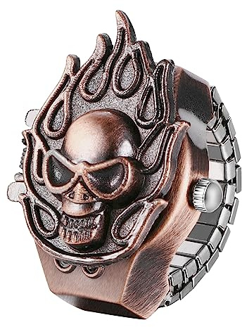 JewelryWe Anillo de Calavera en Llamas, Reloj de Dedo Elástico, Cuarzo Analógico, Esfera Con Escala Digital, Correa Ajustable, Decoración Halloween, Bronce Rojo