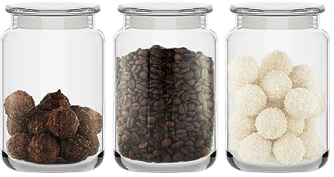 TREND FOR HOME 3 förvaringsburkar glas med lock av glas 970 ml glasbehållare, förvaringsburkar set te müsli, förvaring, kaffebönor, behållare, kryddburkar, glasburkar | transparent | kö