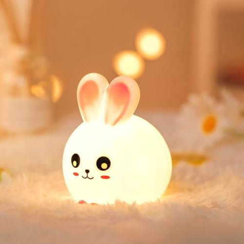 RAVEZON Luz Nocturna Infantil de Conejito - Lámpara Bebe Noche para Niños - Luz Quitamiedos para la Cama - A Pilas para Regalo de Cumpleaños y Navidad