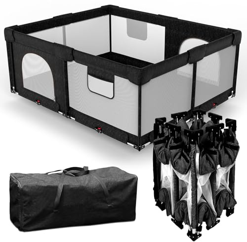 Veraste Foldable Baby Playpen with Gate, Extra Large Collapsible Play Yard for Babies & Toddlers, Portable Travel Playpen, Baby Activity Center for Indoor & Outdoor Use (Black 51×51)
