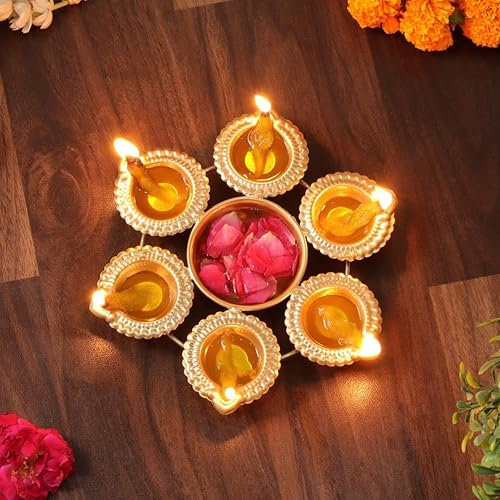 Handcrafted Metal Urli Bowl with 6 Diyas for Floating Flowers & Tea Light Candles – Perfect for Home, Office, and Table Decor, Diwali & Christmas Decorations ( 7-Inch )
