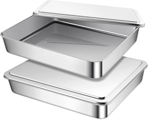 Funnymoom 2 Sets Stainless Steel Cake Pan with Lid 9 x 11 Inch Rectangle Bread Loaf Pans with Cover Rectangle Baking Bakeware for Bread Cake Brownies, Dishwasher Safe (Classic Style)