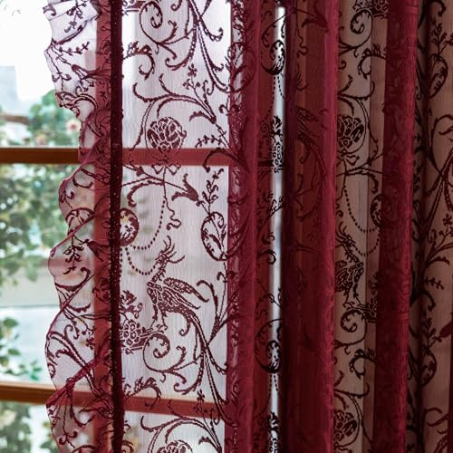 Tudeco - Cortinas de cocina, baño, burdeos, 114 cm de largo, elegantes, cortas, de encaje, transparente, ventana, filtran la luz, volantes, florales, dobladillo para barra, juego de 2, 150 x 114 cm