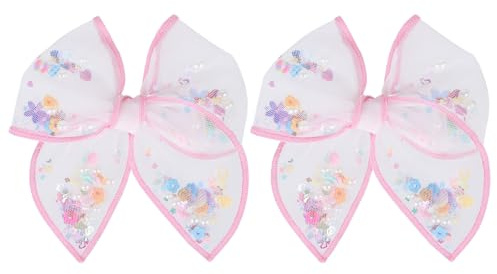 4 Pink Floral Mesh Ribbon Hair Bow Clips for Girls, 2pc Flower Shaker Fable Bow Alligator Hairpins, Spring Summer Birthday Party Dress Decor Accessories Gift for Toddlers Teens