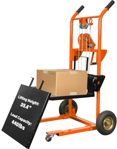 Tory Carrier Material Lift Winch Stacker, 440 lbs Capacity Pallet Stacker, 35.4 Lifting Height, Pallet Truck Dolly, Swivel Casters Lift Table Cart, Forklift with Steel Platform(Orange)