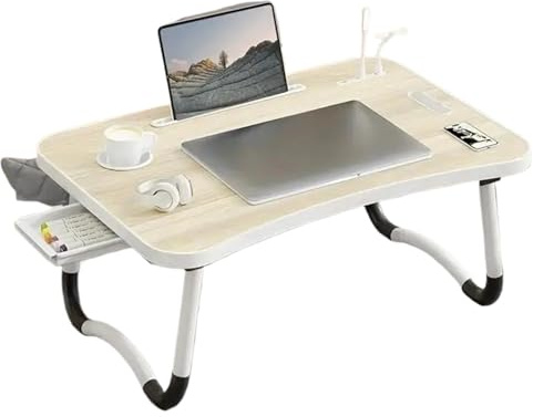 Sängbricka bärbart laptopbord med USB-lampa, liten fläkt, mugghållare, surfplatta hållare och bärhandtag – hopfällbar för arbetsplatsen