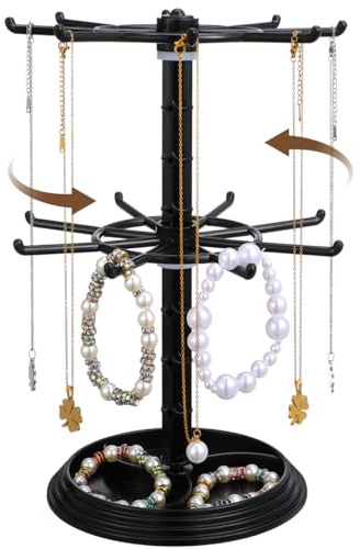 Healvian Rotating Jewellery Stand 2 Tier Necklace Holder Organiser, 360 Spin Keyring Display Rack Vanity Desktop Tree Hanger for Bracelets Earring Hair Ties