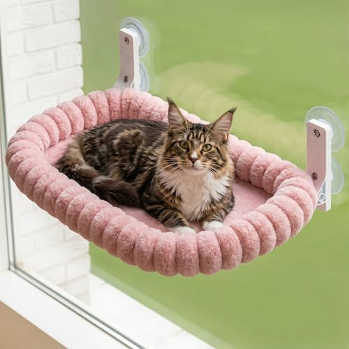 CareCooo Kattbädd för fönster, rosa M 52 x 30 cm, sugkoppar | 4 starka sugkoppar, upp till 18 kg, fällbar, avtagbar maskintvättbar kudde, mjuk fuskkaninpäls