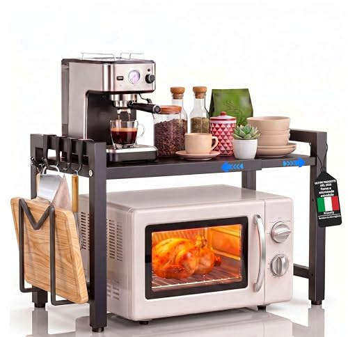 Kiseely Ripiano Espandibile per Microonde, Cucina Counter Ripiano Microonde, Organizzatore di Stoccaggio per Cucina con 6 Ganci, con Portaposate e portatagliere (Nero BK1, 2 Livelli)