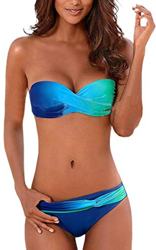 xxxiticat Women's Sexy Strapless Bikini Sets Bandeau Twist Front Padded Gradient Colorful Two Piece Bathing Suit Swimsuit(BE,M)