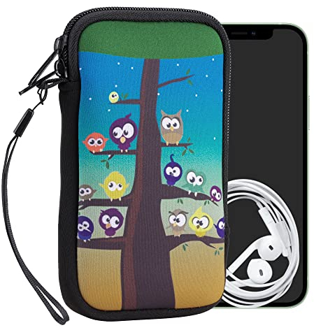 kwmobile Handytasche für Smartphones L - 6,5 - Neopren Handy Tasche Hülle Cover Case Schutzhülle - Eule Baum Mehrfarbig Blau Braun - 16,5 x 8,9 cm Innenmaße
