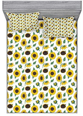 ABAKUHAUS Sonnenblume Buntes Spannbetttuch- und Kissen-Set, Von Hand gezeichnet Blumenkunst, Dekoratives und Bedrucktes 3-teiliges Bettwäscheset, 180 cm x 200 cm, Reseda Grün Dunkelbraun