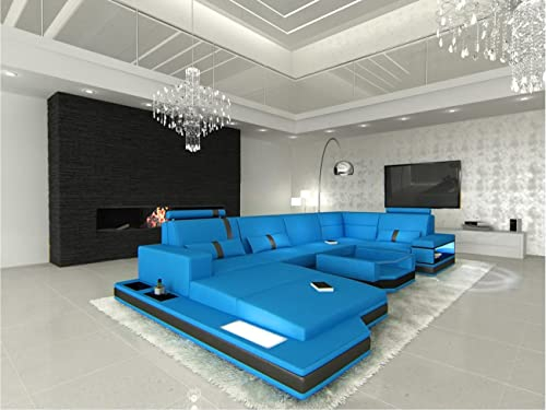 Sofa Wohnlandschaft Messana U Form Leder - mit LED Beleuchtung, verstellbare Kopfstützen, Recamiere/Lederfarben wählbar/Ausrichtung Ottomane wählbar (Ottomane Links, Blau-Schwarz)