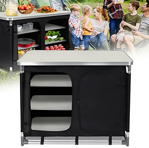 Aufun Campingküche Faltbar Campingschrank mit Aluminiumgestell, Staufächer, Tischaufsatz inkl. Tragetasche, Outdoor Camping Küche, Küchenbox, Reiseküche (Tye C, 100x 50x 80cm)