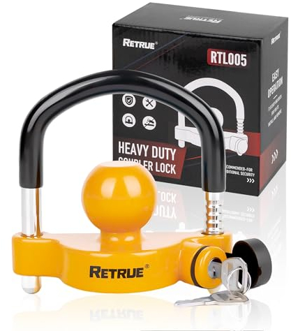 RETRUE Anhängerschloss, Anhängerschloss für gängige Anhängerkupplung, Anhängerkugelsperrkupplung Diebstahlschutz Anhänger-Sicherung Abschleppsperre mit 2 Schlüssel, Gummischutz Abdeckkappe, Gelb