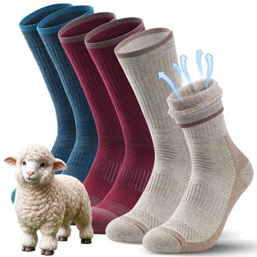 TANSTC Thermal Socks for Men Merino Wool Warm Winter Thick Socks Breathable Hiking Walking Socks Cushioned Moisture Wicking Boot Socks for Outdoor 3 Pairs,Multi-Coloured,M