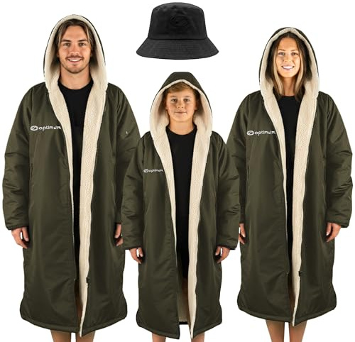 Optimum Oversized Waterproof Jacket & Changing Robe, All-Weather Unisex Sherpa-Fleece Lined Coat with Zip Pockets & Included Bucket Hat for Festivals, Beach Days, Long Dog Walks & More – S, Khaki