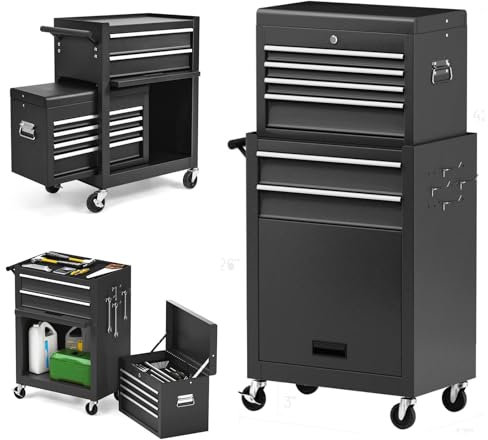 TANGZON Lockable Tool Cabinet, Rolling Tool Chest Combo with Storage Cabinet, 6 Drawers & 4 Wheels, Detachable Garage Workshop Tool Cart Trolley Toolbox Organizer (Black)