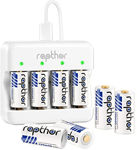 Rapthor uppladdningsbara batterier 123 A, 8 stycken, 750 mAh, 3,7 V, med snabbladdare, 123 litiumbatterier, kompatibel med Arlo-kamera VMC3030/VMK3200/VMS330, ficklampor, intelligenta sensorer, larm