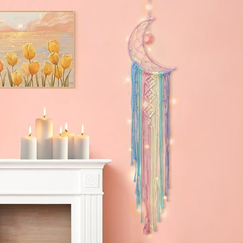 Koytoy Macrame Wall Hanging with LED Light,Moon Dream Catcher Woven Tapestry Bohemian Home Decor Wedding Party Ornaments Craft Gifts,Interior Holiday Decorations Decoration(Rainbow Colors)