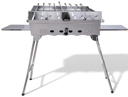 Mangal Khan Edelstahl Schaschlik Grill mit 9er Drehspieß Edelstahlmotor 10 Spieße