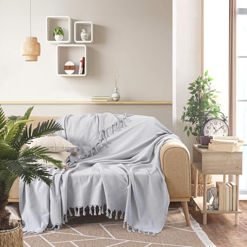 Milam London Cotton Large Throw For Sofas | Beds | Settees | Bed Throw Double Size | Sofa Throws Large 2 Seater | Cotton Blanket | 200 x 230 cm Silver Grey
