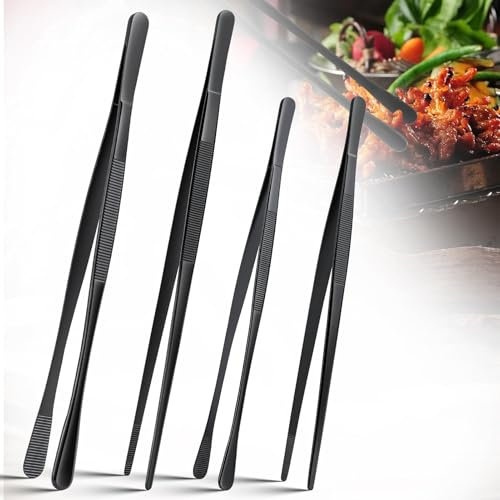 TRUNBACK Pinzette da cucina [4 pezzi, 30,5 cm e 25,4 cm), pinze in acciaio inox per cucinare pinze lunghe e fini per cucinare, arrostire, barbecue, afferrare piccoli oggetti, spaghetti