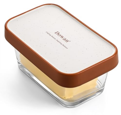 DOWAN Glass Butter Dish with Ceramic Lid, Large Butter Container for 3 Sticks, 2-in-1 Butter Dish with Lid for Countertop, Multi-Purpose Preserving Keepers and Tray, Dishwasher Safe-Cozy Gift