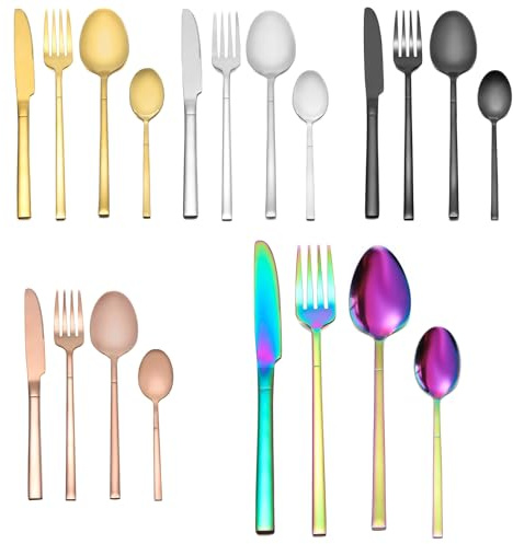 Cutlery Set, 20PCS Stainless Steel Rainbow Flatware Set with Spoon Knife and Fork for 5 People, Colorful Mirror Polished Dinner Set