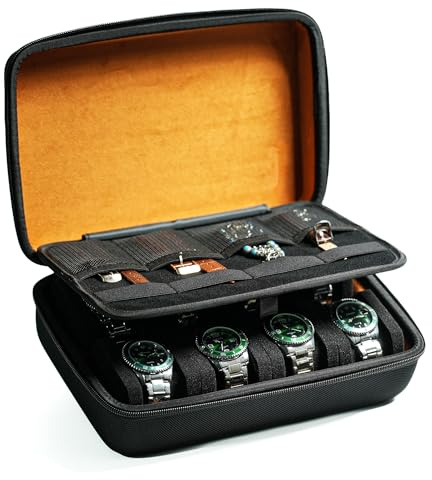 AUKURA Estuche rígido de viaje para reloj, 8 ranuras, organizador de almacenamiento para relojes con forro suave y inserto para correa