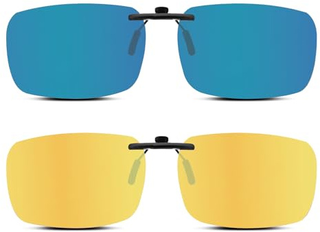 Each Cool Clip-On Lenses for Eyeglasses, Day & Night 2-Pack (Blue Sun + Night Yellow), 57×40mm, with Microfiber Cloth & Pouch