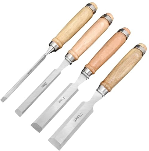 Juego de 4 cinceles de madera, juego de cinceles con asas de madera, herramientas manuales para carpintería (6 mm, 12 mm, 18 mm, 24 mm) para carpintería, tallado y escultura de madera
