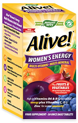 Alive! Women's Energy Multi-Vitamin and Minerals, Specially Balanced for Women, Unique Dried Blend of 26 Fruits & Vegetables, Suitable for Vegetarians - 30 Tablets