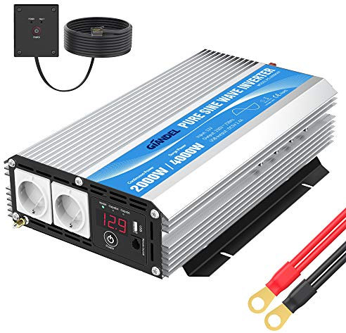 Inversor de Corriente de Onda Sinusoidal Pura 2000W Convertidor DC 12V a AC 220V 230V con Mando a Distancia & Salidas de AC duales para Coche de camión RV GIANDEL