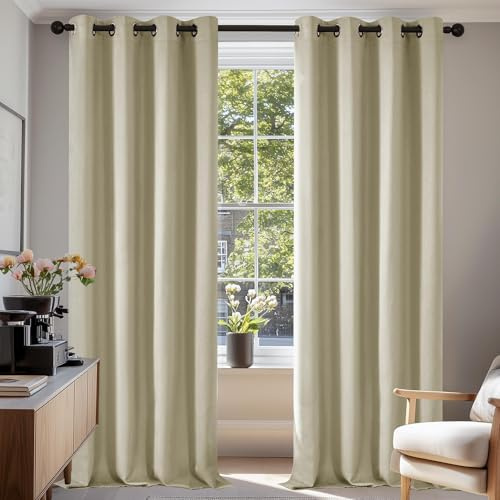 Deconovo Super Soft Ring Top Thermal Insulated Room Darkening Curtains for Bedroom Eyelet 55x87 Inch 2 Panels Beige