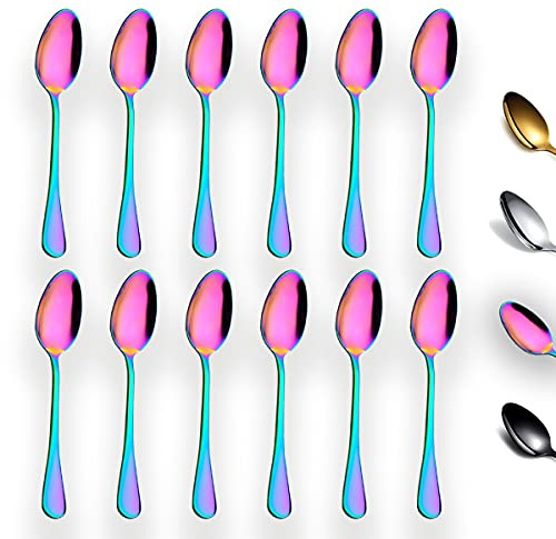 Rainbow Teaspoons 6.5 Set of 12, Berglander Stainless Steel Titanium Plating Shiny Mutil-Color Tea Spoons Silverware, Colorful Tea Spoon Small Dessert Spoon Teaspoon Easy To Clean Dishwasher Safe