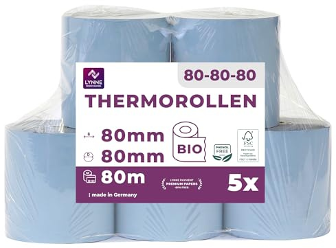 ÖKO Termiska pappersrullar 80 mm x 80 m x 12 mm – kassarullar – kvittorullar för kassaaskåp med kvittoskrivare – termiskt papper fenolfritt (5 rullar)