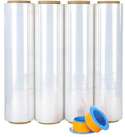 BOMEI PACK Film étirable (lot de 4) de film plastique étirable pour palette transparent 250m x 450 mm avec poignée de roulement en plastique, pour emballage et déménagement