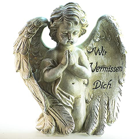 Figura decorativa de ángel tumba con texto en alemán Wir vermissen Dich