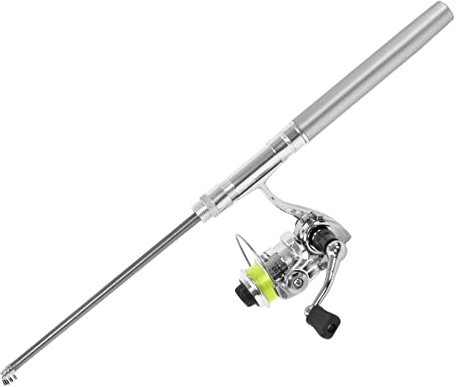 Pocket fiskespö med snurrande rulle, hög hårdhet teleskopisk minipenna form fiskespö och rulle Combos för havsfiske för flodfiske för stenfiske(Silver)