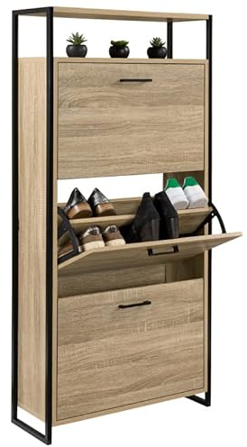 IDMarket LUIS - Zapatero 18 pares 3 puertas con estante superior diseño industrial