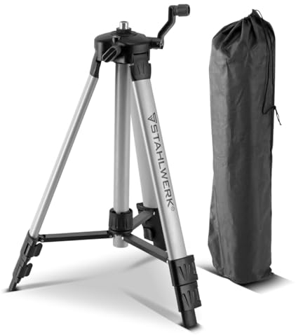 STAHLWERK Universal-Stativ für den STAHLWERK Kreuzlinienlaser KL-5 ST Teleskopstativ, Stativ, Dreibein-Stativ auf 280 mm ausfahrbare Mittel-Säule, Kurbel und Nivellierlibelle