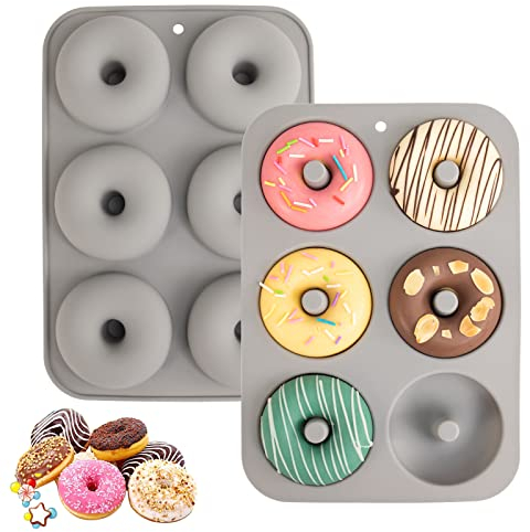 Aichoof Silikon-Donut-Form für 6 Donuts, 2er-Set, lebensmittelechte LFGB-Silikon-Bagels-Backform, antihaftbeschichtet, spülmaschinenfest, hitzebeständig und mikrowellengeeignet (grau)