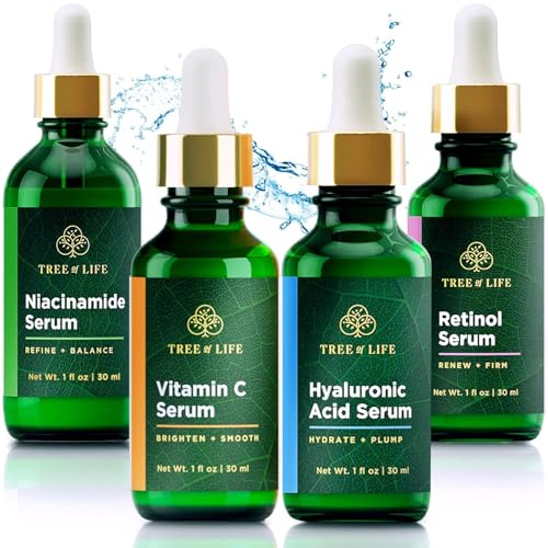 Tree of Life Beauty Facial Skin Care Set, Brightening, Firming & Hydrating Face Serums for Sensitive Skin - Niacinamide, Vitamin C, Retinol & Hyaluronic Acid, Dermatologist Tested, 1 Fl Oz (Pack of 4)