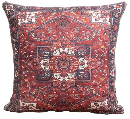 TurkishRug Kingdom Handgefertigter Kelim-Kissenbezug, ethnisches Muster, Bauernhaus, weich, quadratisch, waschbar, bedruckt, Heimdekoration, Schlafzimmer, Wohnzimmer, Sofa, 45,7 x 45,7 cm, Rot