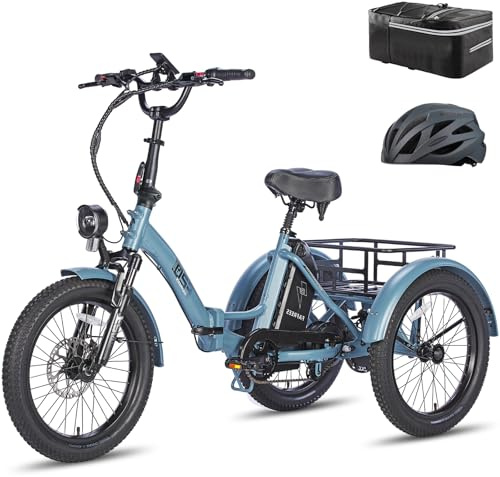 Fafrees Triciclo Elettrica F20 Mate Bici Elettrica Pieghevole per Adulti Batteria Rimovibile 48V18.2Ah Ebike, Bicicletta Elettrica a 3 Ruote 20×3.0, Borsa, Blu, Cestino Posteriore Piccolo