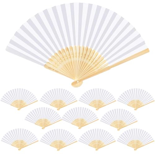 EUDUQ Fächer Hochzeit Weiß,12 Stücke Handfächer,PapierFächer,Klappbar Fächer,DIY-Hochzeitsfächer,Hand Fan für Hochzeitsdeko,Geburttag Party und Leistung